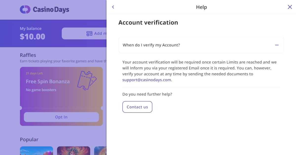 casino days does not require verification when signing up