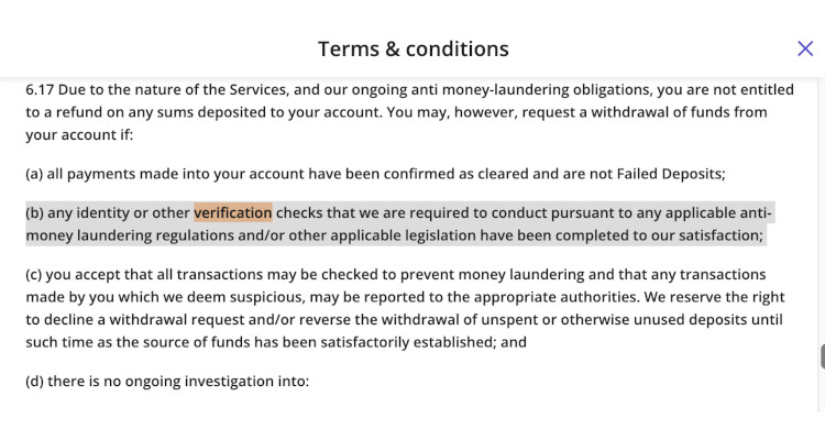 online casinso t&cs on withdrawals where clarify that verification is needed