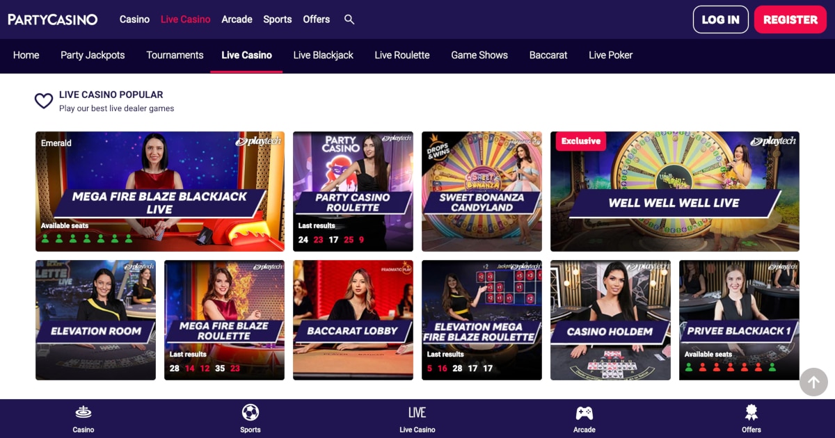 live casino lobby screenshot taken from Partycasino Canada