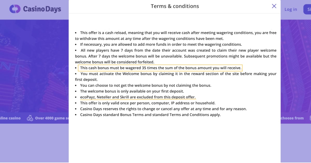 screenshot of the terms and conditions of the casino days bonus