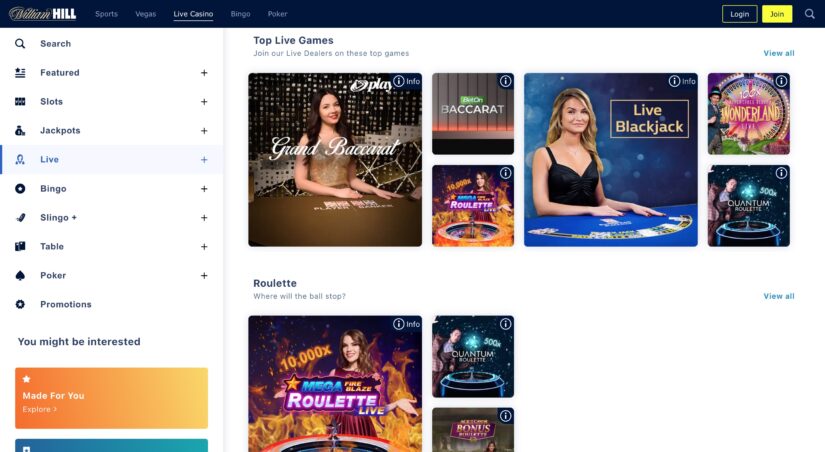 Screenshot of the live casino section at William Hill