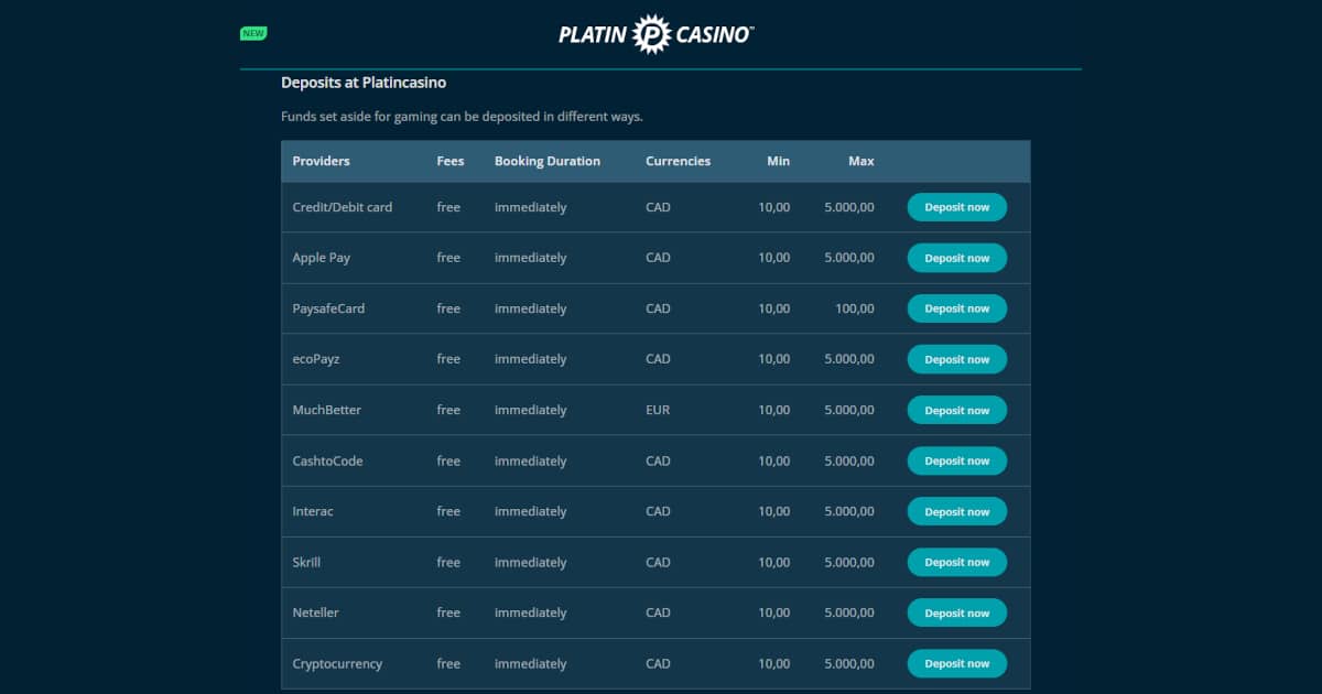 payment methods available to deposit at Platincasino Canada
