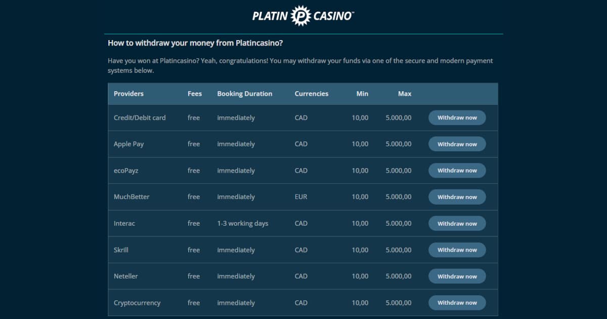 Withdrawal payment options in Platincasino Canada